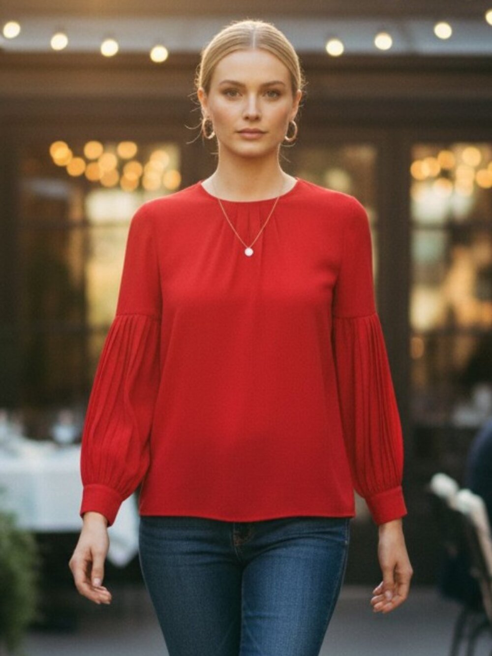 Tuckernuck Tara Blouse Crimson Red Pleated Sleeve Top L NWT